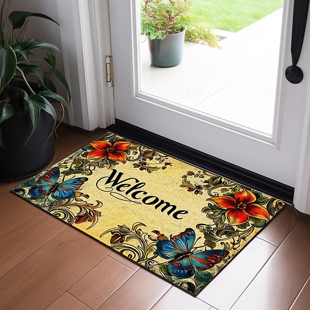 Welcome Floral Doormat Floor Mats Washable Rugs Kitchen Mat Non-Slip Oil Proof Rug Indoor Outdoor Mat Bedroom Decor Bathroom Mat Entrance Rug