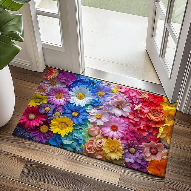 Valentine's Day Rainbow Flowers Doormat Non-Slip Oil Proof Rug Indoor Outdoor Mat Bedroom Decor Bathroom Mat Entrance Rug Door Mat