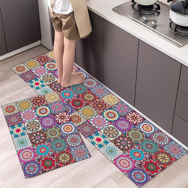 Boho Style Kitchen Mat Kitchen Rug Set of 2 Pcs,Perfect for Kitchen, Bathroom, Living Room, Soft, Absorbent Microfiber Material, Non-Slip, Easy Clean Machine Washable Floor Runner