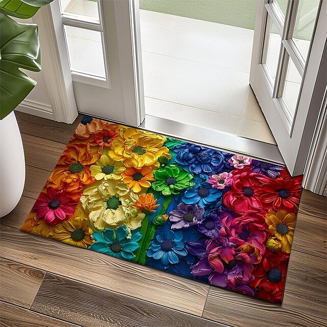 Valentine's Day Rainbow Flowers Doormat Non-Slip Oil Proof Rug Indoor Outdoor Mat Bedroom Decor Bathroom Mat Entrance Rug Door Mat