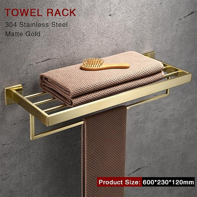 Bathroom Hardware Accessories Stainless Steel Wall Mounted Brushed Nickel Towel Bar Hand Towel Holder Toilet Paper Holder Robe Towel Hook Coat Hook Towel Bar (Gold)