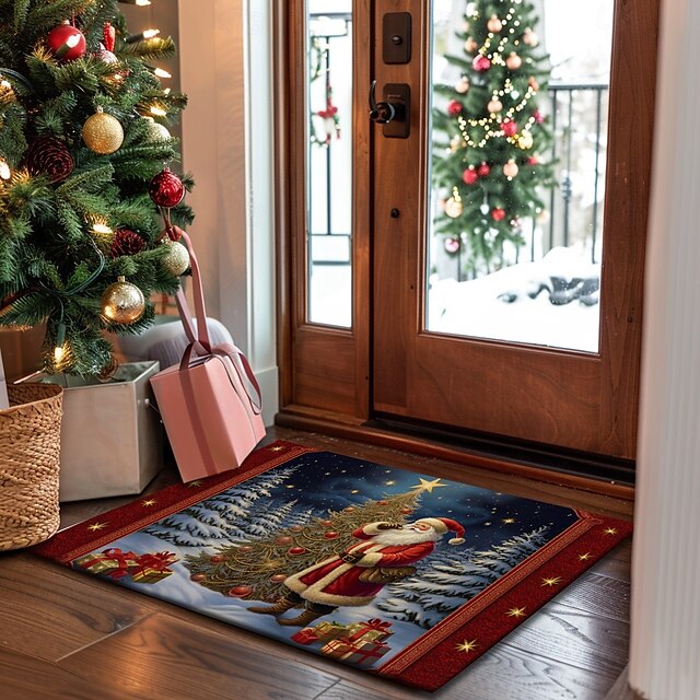 Christmas Decoration Doormat Xmas Santa Kitchen Mat Floor Mat Non-Slip Area Rug Oil Proof Rug Indoor Outdoor Mat Bedroom Decor Bathroom Mat Entrance Rug