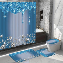 Bathroom Shower Curtain, Sparkling Diamond-Pattern Bathroom Curtain With 12 Hooks, Bathroom Non Slip Rugs, Toilet Cover Mat