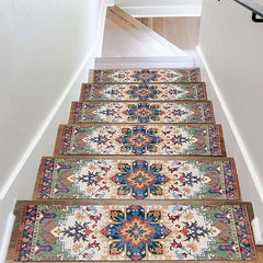 Step Tread Carpet Boho Style Non-Slip Carpet Stair Treads for Kids Elders and Pets Ethnic Design Stair Tread Mats