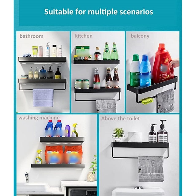 Shower Caddy Bathroom Shelves Wall Mounted Black Storage Organizer Rack Bathroom Kitchen Bathroom Hardware Pendant Bathroom Shelf Space Aluminum Shower Rack Corner Shelf Square Bath Shower Shelf