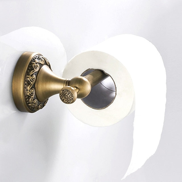 Golden Bathroom Accessory Towel Ring/Toilet Paper Holder/Robe Hook Antique Brass Bathroom Single Rod Wall Mounted Carved Design