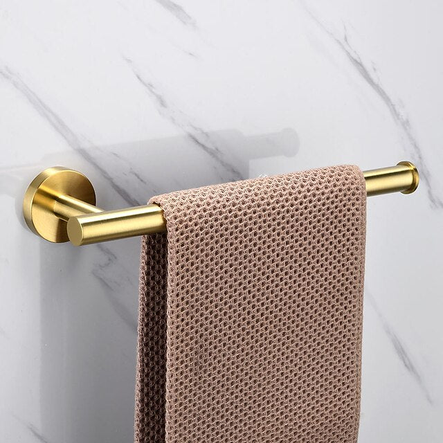 Bathroom Hardware Set Bath Accessory Kit 4 Piece Brushed Gold Metallic Bathroom Accessories Wall Mount 18 Inch Towel Bar Toilet Paper Holder Robe Clothes Hook Stainless Steel