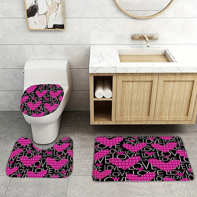 3 Piece Happy Valentine's Day Red heart love themed Bathroom Rug - non-slip washable kitchen bedroom and bathroom decorative mat - includes bath mat contouring mat and toilet lid cover accessories