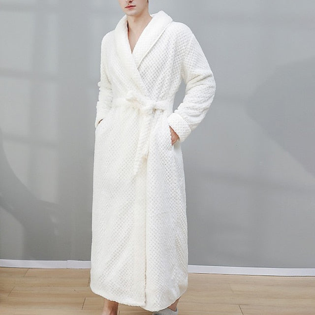 Men's Robe Bathrobe Bath Robe Towel Robe Plain Stylish Casual Classic Home Flannel Comfort Warm Soft V Neck Long Robe Pocket Winter Black White