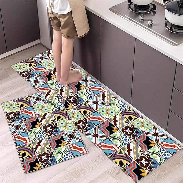 Boho Style Kitchen Mat Kitchen Rug Set of 2 Pcs,Perfect for Kitchen, Bathroom, Living Room, Soft, Absorbent Microfiber Material, Non-Slip, Easy Clean Machine Washable Floor Runner