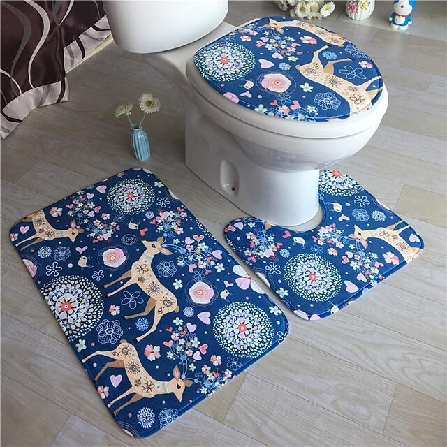 3Pcs/Set Bathroom Non-Slip Pedestal Rug + Lid Toilet Cover + Bath Mat Washable