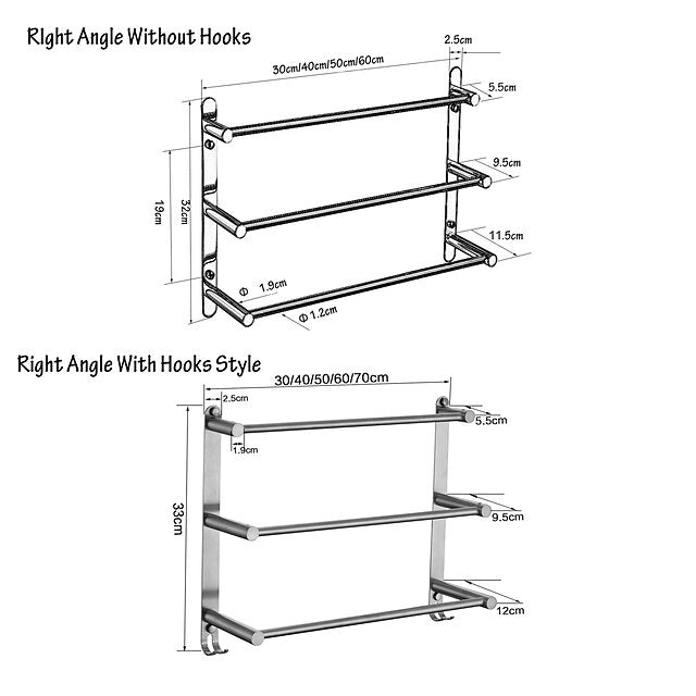 3-Tier Towel Towel Rail ,Wall Mounted Stainless Steel Towel Rack Storage Shelf for Bathroom 30cm~70cm Towel Bar Towel Rail Towel Hanger(Matte Black/Chrome)