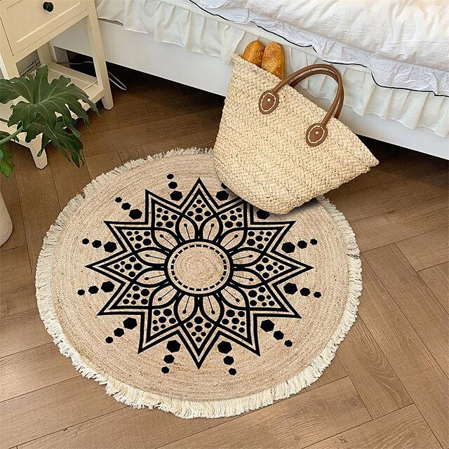 Hand Woven Cotton Linen Floor Mat Carpet Retro Bohemian Round Bedside Tassel Geometric Aubusson Doormat Area Rug Bedroom Decor Bathroom Mat Entrance Rug