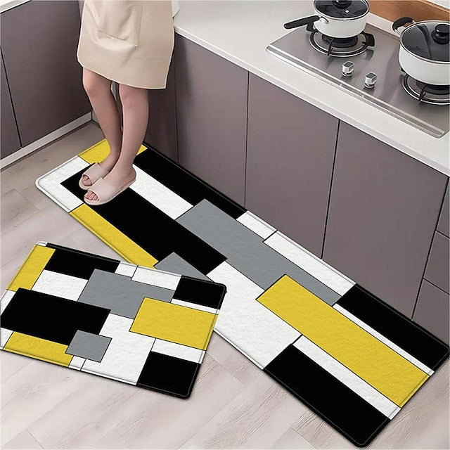 Geometric Area Rug Kitchen Mat Non-Slip Oil Proof Floor Mat Livingroom Rug Indoor Outdoor Mat Bedroom Decor Bathroom Mat Entrance Rug Door Mat Yellow Black