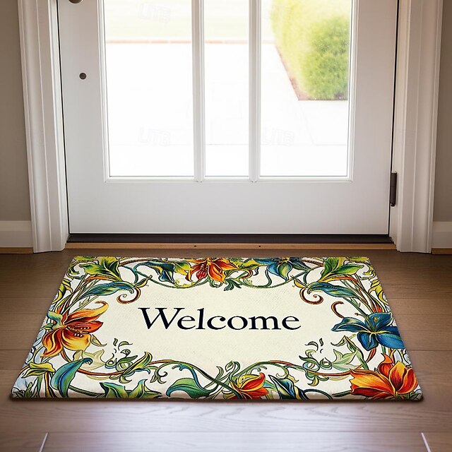 Welcome Floral Doormat Floor Mats Washable Rugs Kitchen Mat Non-Slip Oil Proof Rug Indoor Outdoor Mat Bedroom Decor Bathroom Mat Entrance Rug