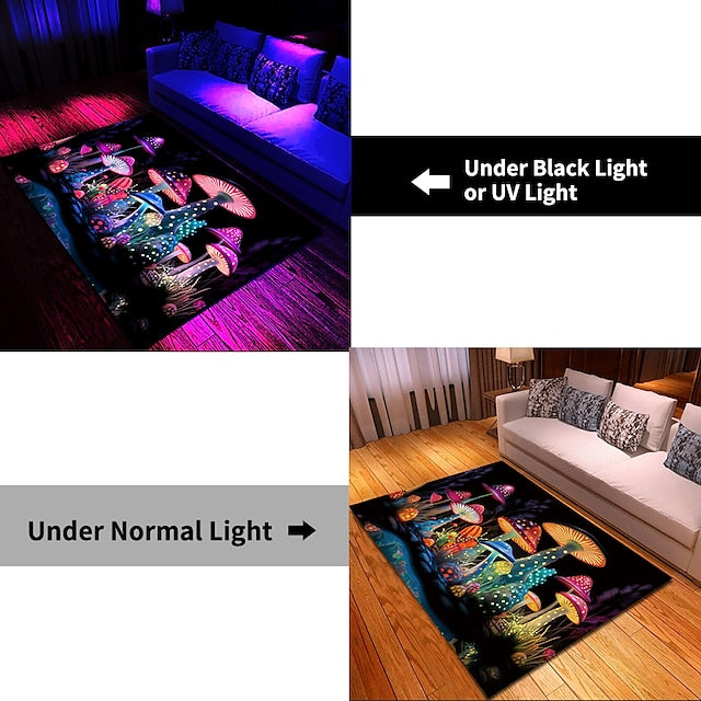 Fantasy Mushroom Blacklight Rug Carpet Floor Mat UV Reactive Glow in the Dark Rug Large Non-Slip Rug Mat Carpet for Room Decor