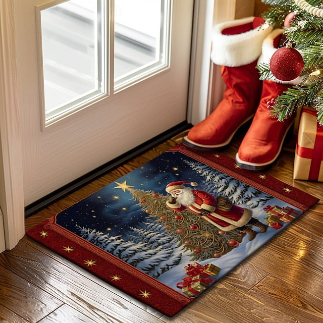 Christmas Decoration Doormat Xmas Santa Kitchen Mat Floor Mat Non-Slip Area Rug Oil Proof Rug Indoor Outdoor Mat Bedroom Decor Bathroom Mat Entrance Rug