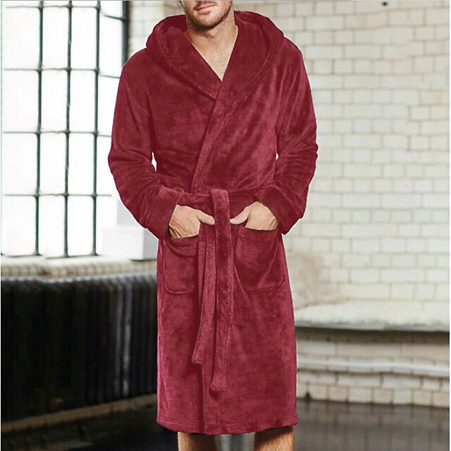 Men's Plus Size Pajamas Robe Bathrobe Sleepwear Pure Color Warm Plush Home Bed Fleece Flannel Warm Long Sleeve Hoodie Winter Fall Black Red