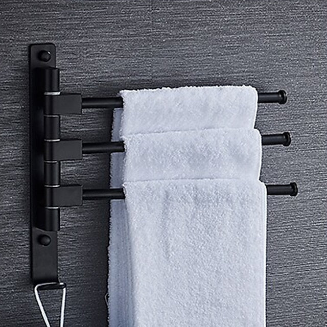 Matte Black Towel Bar with Hook,Self Adhesive Wall Mounted Swing Arm Contemporary Aluminum Multi Rods Towel Bar 1PC