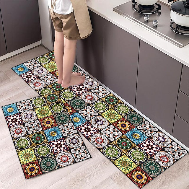 Boho Style Kitchen Mat Kitchen Rug Set of 2 Pcs,Perfect for Kitchen, Bathroom, Living Room, Soft, Absorbent Microfiber Material, Non-Slip, Easy Clean Machine Washable Floor Runner