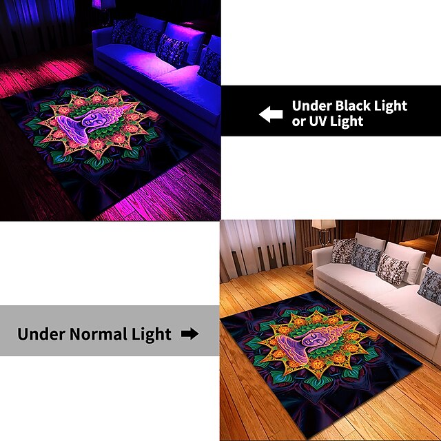 Blacklight Rug UV Reactive Glow in the Dark Area Rug Kitchen Mat Non-Slip Oil Proof Trippy Buddha Floor Mat Livingroom Rug Indoor Outdoor Mat Bedroom Decor Bathroom Mat Entrance Rug Door Mat