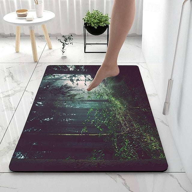 Forest Diatomaceous Earth Bath Mat Soft Mat Rubber Anti-Slip Fast Dry Super Absorbent Thin Bathroom Mat for Under Door - Bathroom Floor Mat Rug Bathtub Front Shower Mat Sink