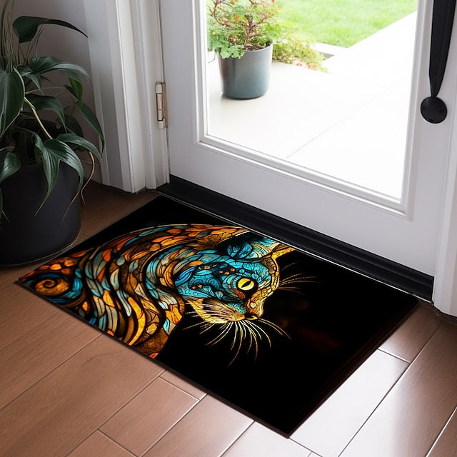 Stained Glass Cat Doormat Floor Mats Washable Rugs Kitchen Mat Non-Slip Oil Proof Rug Indoor Outdoor Mat Bedroom Decor Bathroom Mat Entrance Rug