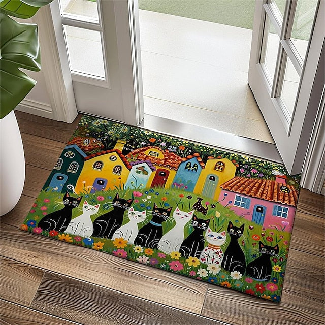 Folk Art Cats Doormat Kitchen Mat Floor Mat Non-Slip Area Rug Oil Proof Rug Indoor Outdoor Mat Bedroom Decor Bathroom Mat Entrance Entreyway Rug