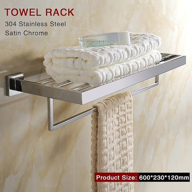 Bathroom Hardware Accessories Stainless Steel Wall Mounted Brushed Nickel Towel Bar Hand Towel Holder Toilet Paper Holder Robe Towel Hook Coat Hook Towel Bar (Bright Silver)