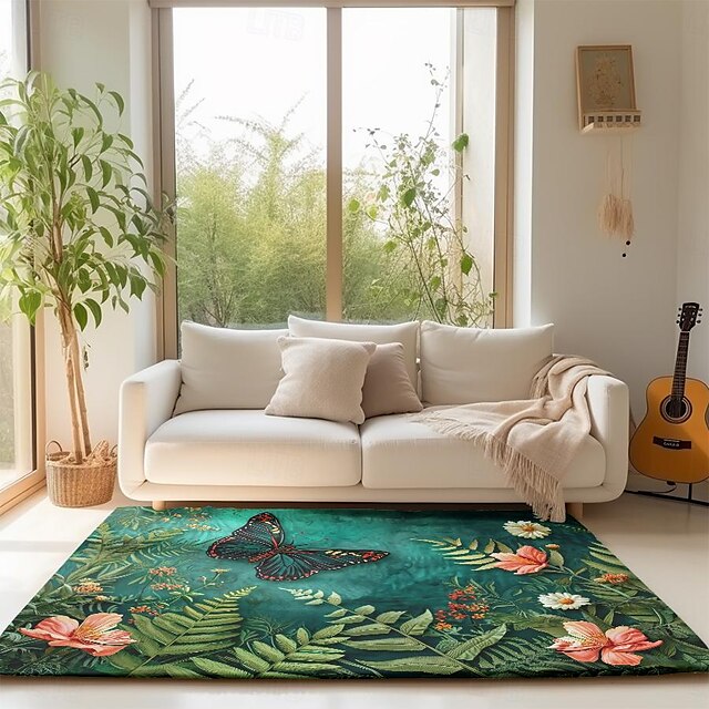 Green Butterfly Plant Area Rug Kitchen Mat Non-Slip Oil Proof Floor Mat Livingroom Rug Indoor Outdoor Mat Bedroom Decor Bathroom Mat Entrance Rug Door Mat