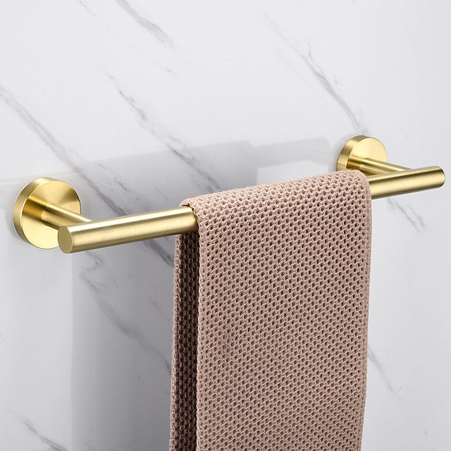 Bathroom Hardware Set Bath Accessory Kit 4 Piece Brushed Gold Metallic Bathroom Accessories Wall Mount 18 Inch Towel Bar Toilet Paper Holder Robe Clothes Hook Stainless Steel