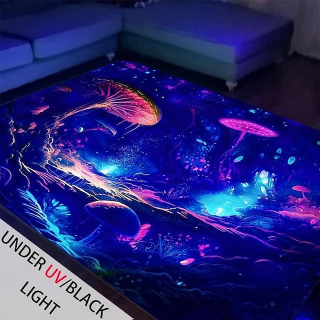 Mushroom Landscape Blacklight Rug Carpet Floor Mat UV Reactive Glow in the Dark Rug Large Non-Slip Rug Mat Carpet for Room Decor