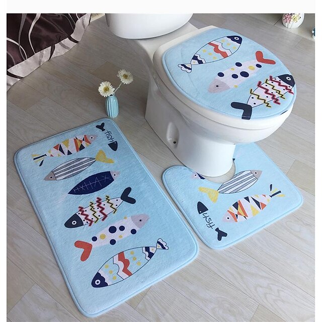 3Pcs/Set Bathroom Non-Slip Pedestal Rug + Lid Toilet Cover + Bath Mat Washable