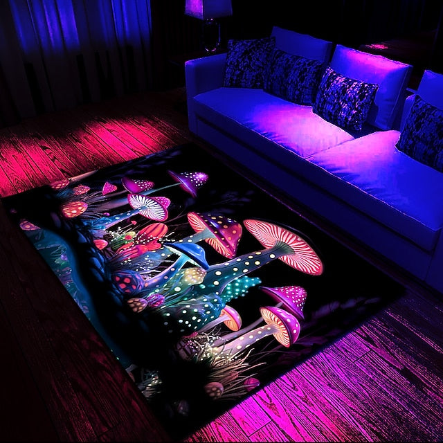 Fantasy Mushroom Blacklight Rug Carpet Floor Mat UV Reactive Glow in the Dark Rug Large Non-Slip Rug Mat Carpet for Room Decor