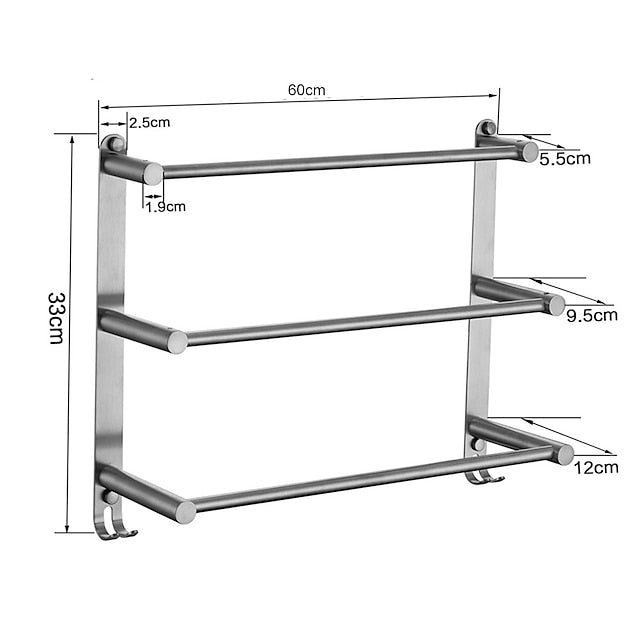 3-Tier Towel Rack,Towel Bar Towel Rail Stainless Steel Wall Mounted Towel Bar Storage Shelf for Bathroom 60cm Towel Holder Towel Hanger(Black/Chrome/Brushed Golden/Brushed Nickel)