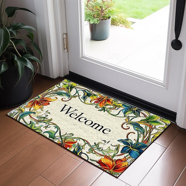 Welcome Floral Doormat Floor Mats Washable Rugs Kitchen Mat Non-Slip Oil Proof Rug Indoor Outdoor Mat Bedroom Decor Bathroom Mat Entrance Rug