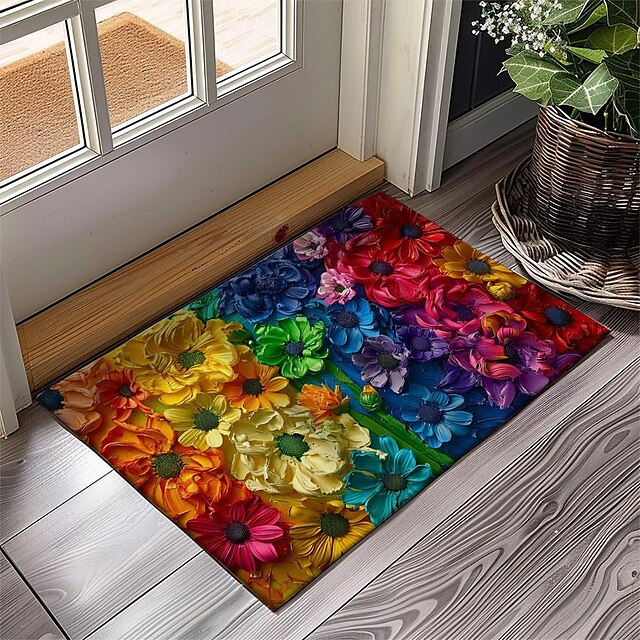 Valentine's Day Rainbow Flowers Doormat Non-Slip Oil Proof Rug Indoor Outdoor Mat Bedroom Decor Bathroom Mat Entrance Rug Door Mat