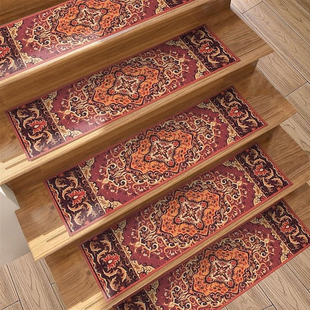 Step Carpet Boho Style Non-Slip Carpet Stair Treads for Kids Elders and Pets Ethnic Design Stair Tread Mats