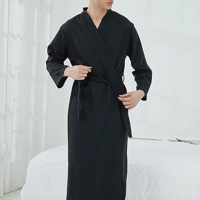 Men's Pajamas Robe Bathrobe Robes Gown Pure Color Stylish Casual Comfort Home Bathing Waffle Fabric Comfort Warm Long Robe Pocket Winter Fall Black White