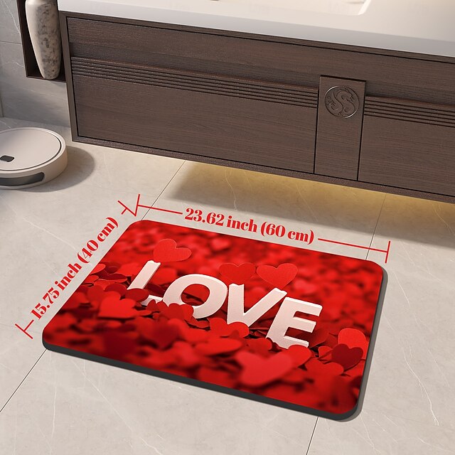 Valentine's Day Bathroom Rug, Polyester Fiber Rectangular Bath Mat, Super Absorbent, Non-Slip, Dirt-Resistant, and Easy to Clean Door Mat