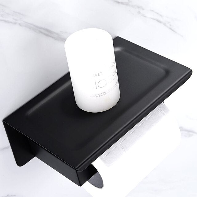 Bathroom Accessory Stainless Steel Include Robe Hook, Towel Bar, Towel Holder, Toilet Paper Holder with Shelf for Phone and Wash Supplies, Matte Black Bathroom