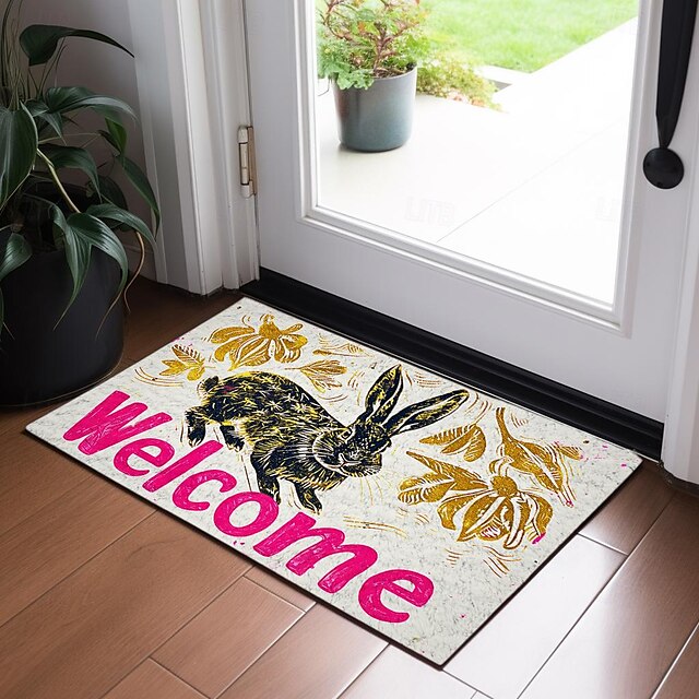 Welcome Rabbits Doormat Floor Mats Washable Rugs Kitchen Mat Non-Slip Oil Proof Rug Indoor Outdoor Mat Bedroom Decor Bathroom Mat Entrance Rug