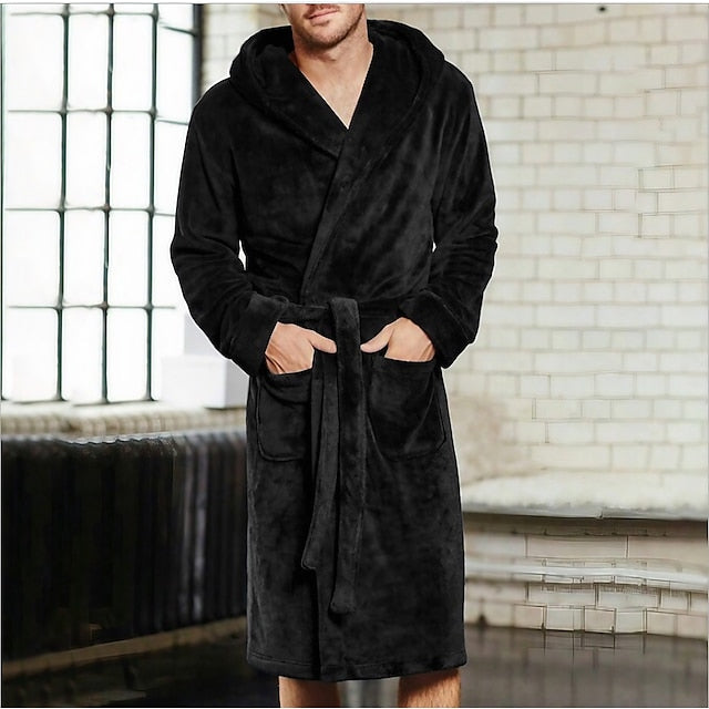 Men's Plus Size Pajamas Robe Bathrobe Sleepwear Pure Color Warm Plush Home Bed Fleece Flannel Warm Long Sleeve Hoodie Winter Fall Black Red