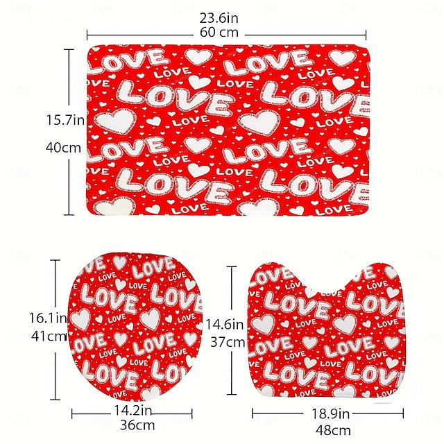 3 Piece Happy Valentine's Day Red heart love themed Bathroom Rug - non-slip washable kitchen bedroom and bathroom decorative mat - includes bath mat contouring mat and toilet lid cover accessories