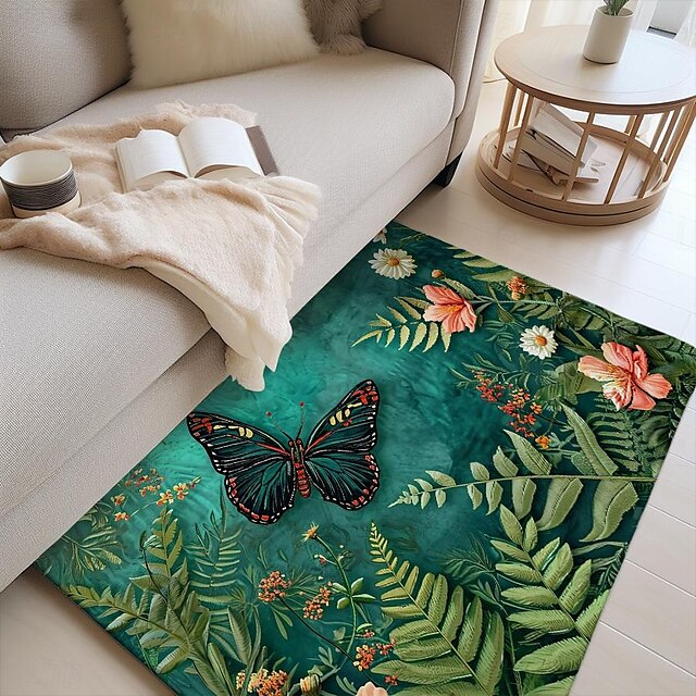 Green Butterfly Plant Area Rug Kitchen Mat Non-Slip Oil Proof Floor Mat Livingroom Rug Indoor Outdoor Mat Bedroom Decor Bathroom Mat Entrance Rug Door Mat