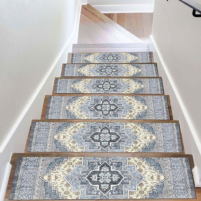 Step Tread Carpet Boho Style Non-Slip Carpet Stair Treads for Kids Elders and Pets Ethnic Design Stair Tread Mats