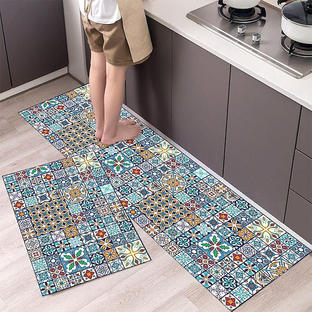 Boho Style Kitchen Mat Kitchen Rug Set of 2 Pcs,Perfect for Kitchen, Bathroom, Living Room, Soft, Absorbent Microfiber Material, Non-Slip, Easy Clean Machine Washable Floor Runner