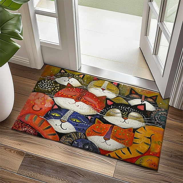 Folk Art Cats Doormat Kitchen Mat Floor Mat Non-Slip Area Rug Oil Proof Rug Indoor Outdoor Mat Bedroom Decor Bathroom Mat Entrance Entreyway Rug