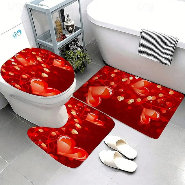 3pcs Romantic Valentine's Day love roses home bathroom floor mats Bath mat Snowman bathroom accessories rug Toilet mat Bathtub anti-slip carpet