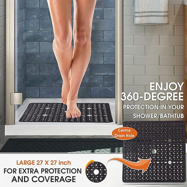 Shower Mats Rubber Shower Mat with Drain Hole - Non-Slip Bathtub Mat for Bathroom, Anti-Mildew, Quick-Drying, Comfortable and Safe for Kids and Elderly